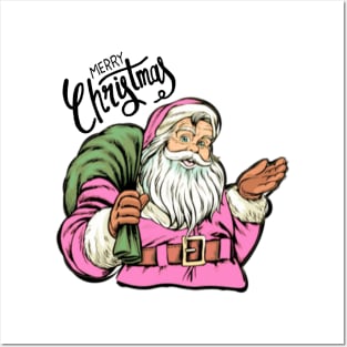 Retro Vintage Pink Santa Claus Merry Christmas Posters and Art